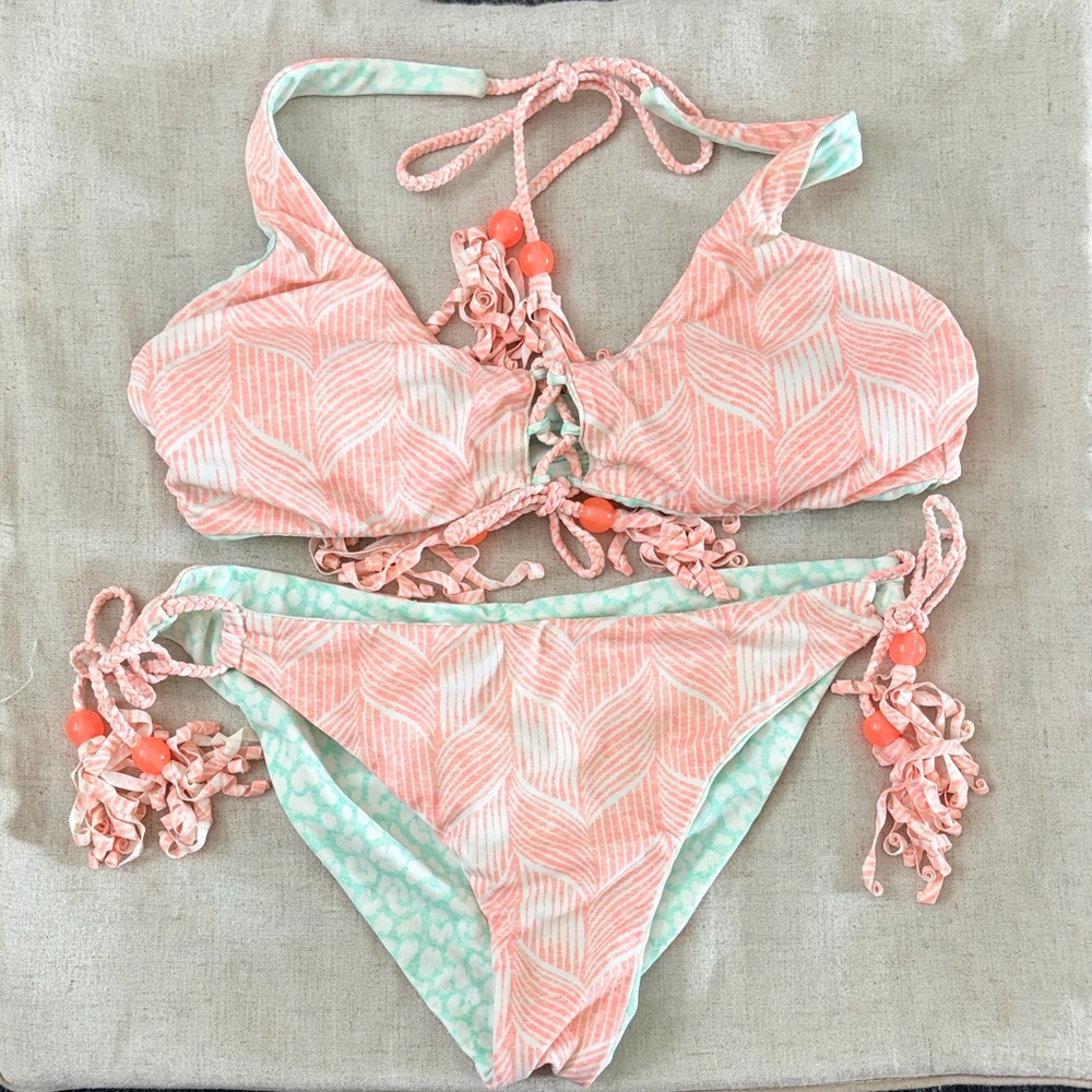 Coral and Mint Bikini reversible set- M